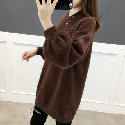 Mid-length imitation mink fleece thickened sweater women's loose outer wear 2022 autumn and winter new style pullover sweater