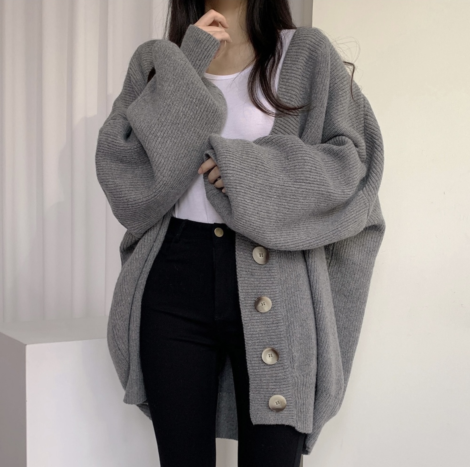 Korean chic autumn and winter casual lazy style V-neck single-breasted loose lantern sleeves knitted cardigan sweater jacket women