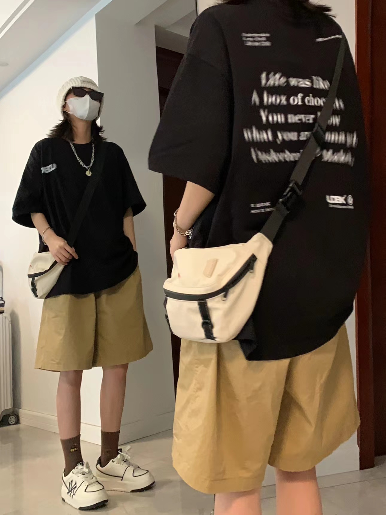 Official tukhaki work clothes couple short clothes Japanese wide legged loose cropped pants thin casual pants women