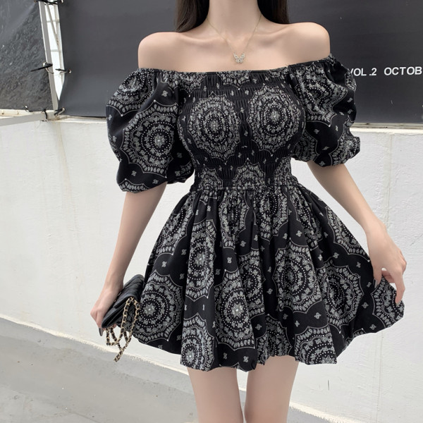 Korean goddess temperament dress summer dress bubble sleeve one shoulder and waist two puffy short skirts