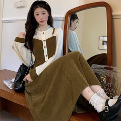 Mori girl autumn and winter new product fake two-piece suspender skirt retro stitching lace design sense waist covering meat dress