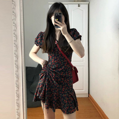 French style retro dress women's summer new style bubble sleeve drawstring skirt small rose black floral skirt