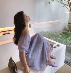 Real photo purple Platycodon grandiflorum French retro minority lace suspender dress summer waist slim skirt short sleeve girl