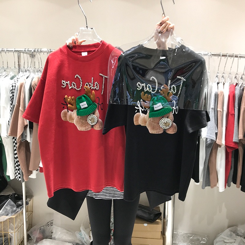 De Rong original diamond inlaid East Gate heavy industry letter three-dimensional hat antler frosted short sleeve t-shirt female