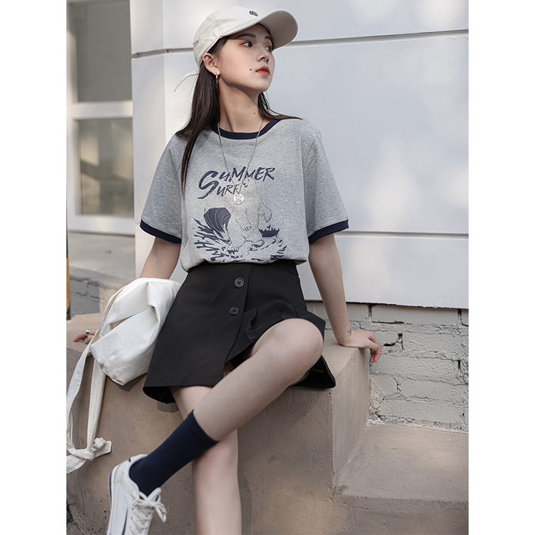 Real shooting of summer new loose round neck Half Sleeve T-Shirt Top Hong Kong printed pure cotton student shirt female short sleeve