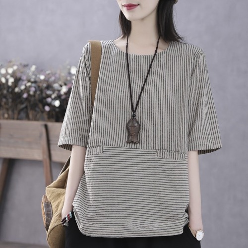 Striped five point sleeve bottomed shirt cotton T women's 2022 summer new top foreign style small shirt loose half sleeve T-shirt