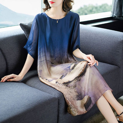 Summer new broadwife middle-aged and old mother's dress long loose large size thin ice skirt fashion
