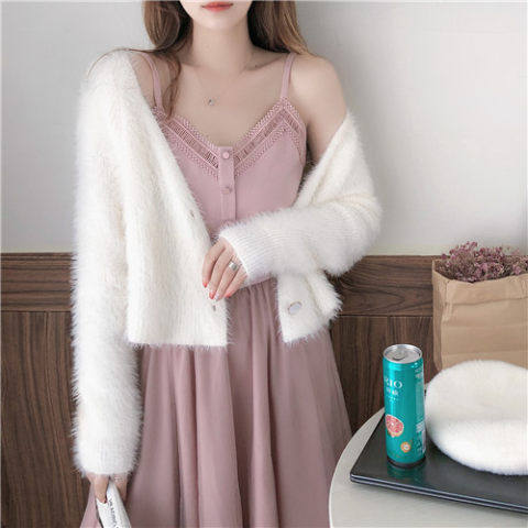 Short Korean version of mink velvet mohair sweater top solid color sweater cardigan small coat women