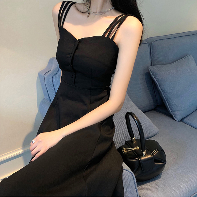 Suspender dress Hepburn style small black dress medium length French fairy dress black long dress new summer 2021