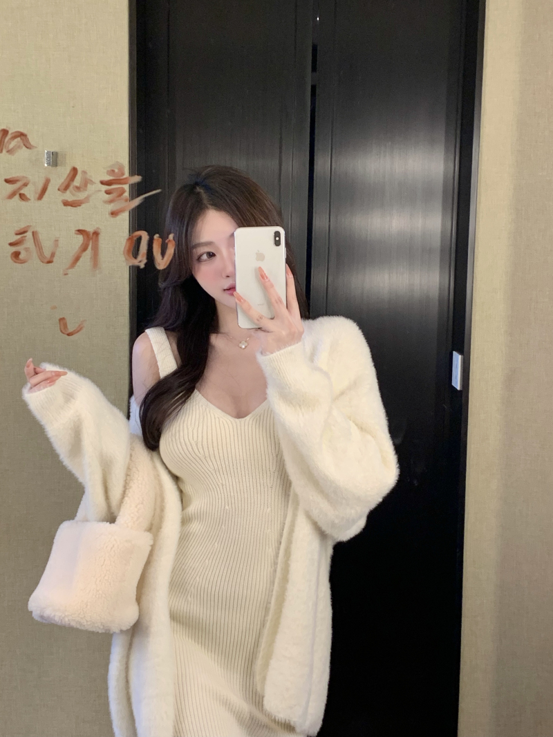 Real price pure desire sexy backless design long dress + imitation mink fur mid-length cardigan