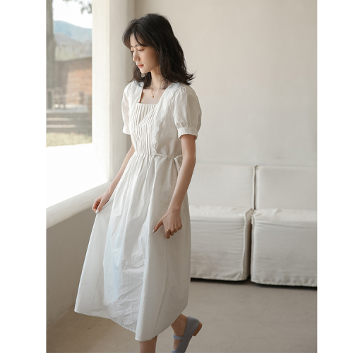 Real shooting summer new pure cotton hook flower lace square collar organ pleated Pleated Dress pure white long skirt