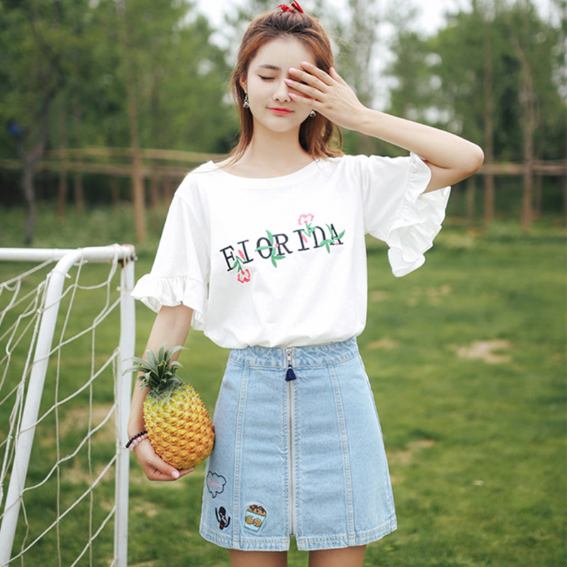 Summer Cherry Blossom embroidered T-shirt short sleeve Korean student flared Sleeve Ruffle Top