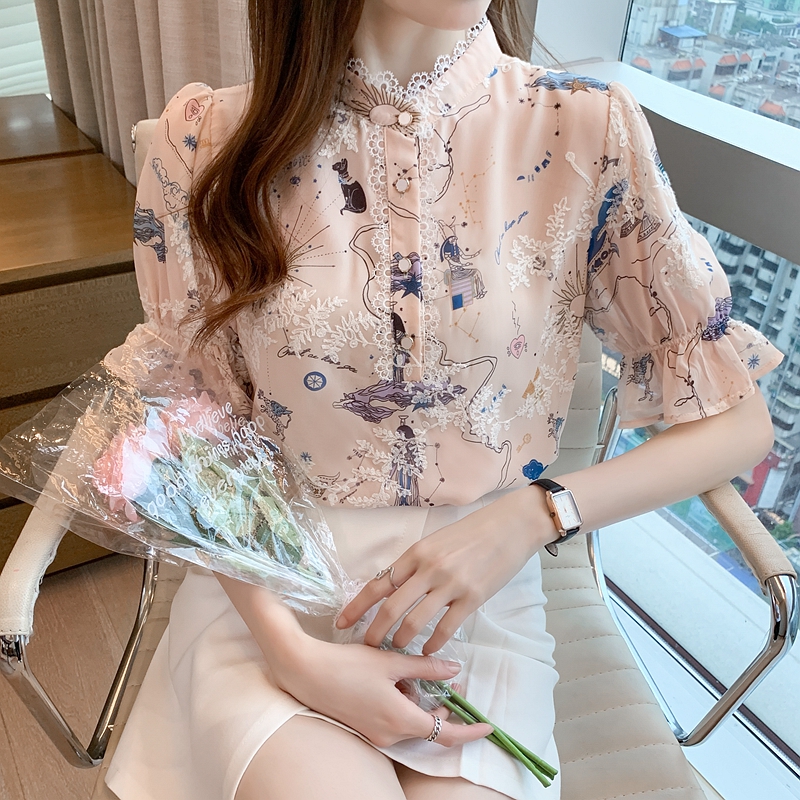 Short Sleeve Chiffon shirt women's summer lace edge floral horn bubble sleeve short top