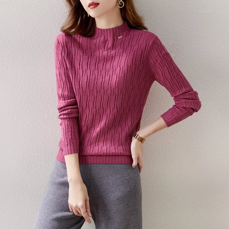 Real shooting autumn and winter Korean version new solid color long sleeve slim fit and versatile flash silk knitted middle neck bottomed Shirt Top