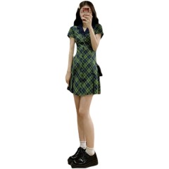 Original quality Green Plaid Bow V-neck waist closing suit skirt small short sleeved skirt summer