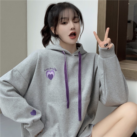 Cotton sweater 2022 new fake two-piece age-reducing all-match love embroidery loose plus velvet hooded sweater