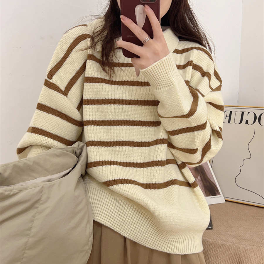 2022 autumn and winter striped long-sleeved sweater women's POLO shirt loose lazy wind pullover simple student age-reducing trend