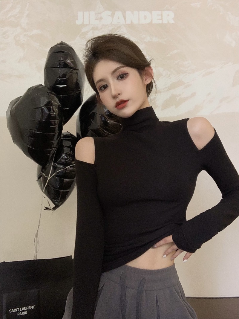 Half-high collar bottoming shirt women's spring and autumn new Hong Kong style design sense strapless long-sleeved top
