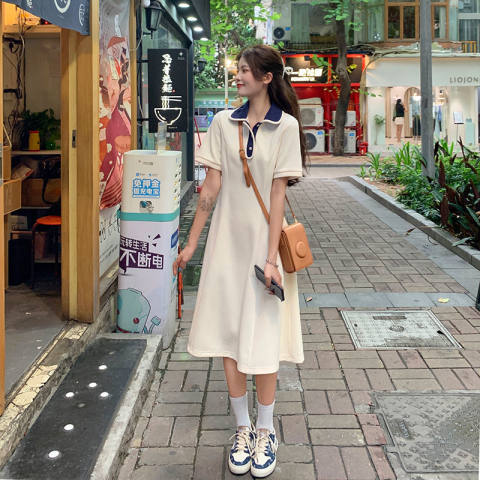 Women's puff sleeve dress women's college style polo collar design sense niche student mid-length skirt