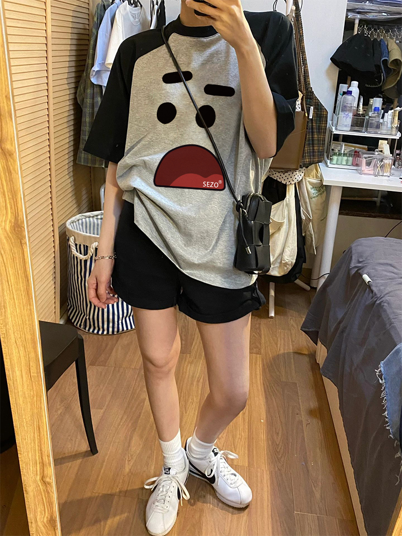 Combed pure cotton compact sello spinning color-blocking short-sleeved color-blocking raglan print loose short-sleeved t-shirt for women