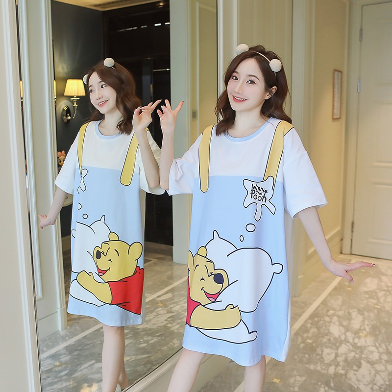 Real shooting of summer pure cotton parent-child mother daughter pajamas female cartoon lovely nightdress home clothes