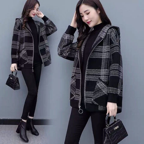 2021 autumn and winter new large size hooded top women's thickened woolen coat middle-aged and elderly western style cardigan woolen coat