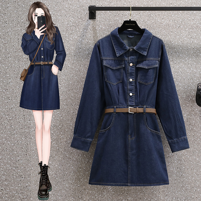Real shot autumn dress fat mm plus size women's age reduction denim skirt fat sister mm loose dress S-5XL200 catties