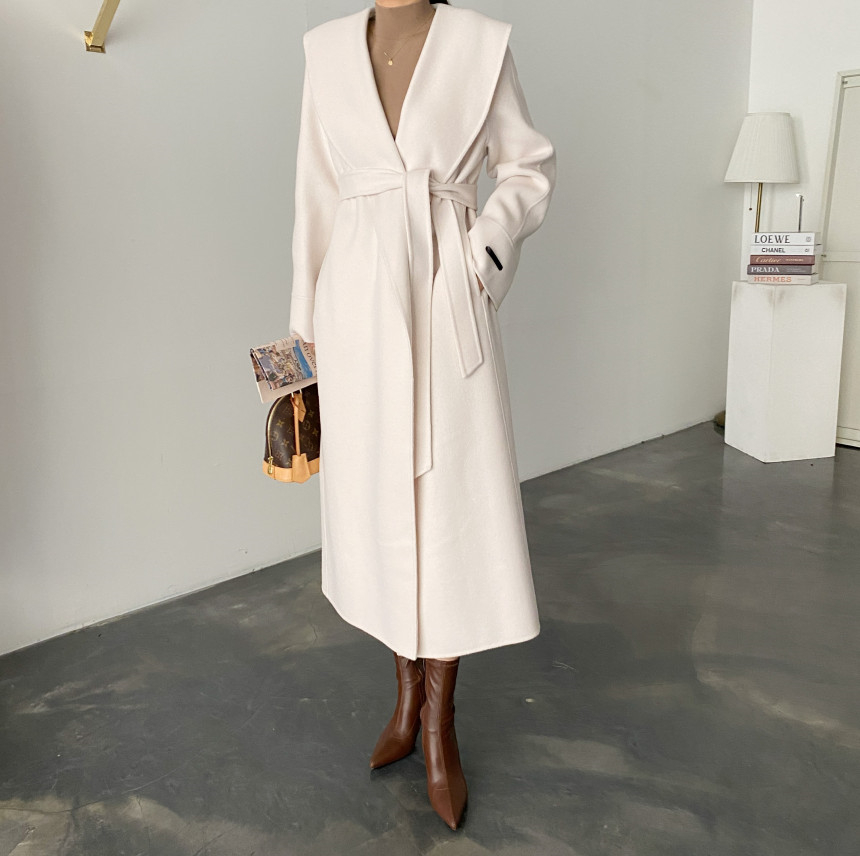 Korean chic retro elegant loose shawl collar tie long woolen coat woolen coat