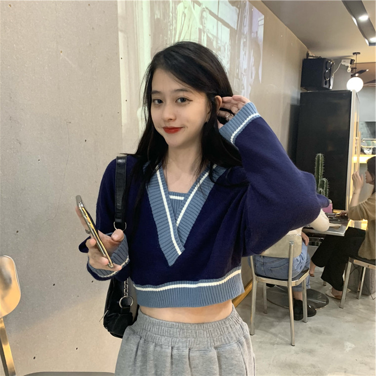 2021 new small age reducing college style short net red sweater female V-neck foreign student top