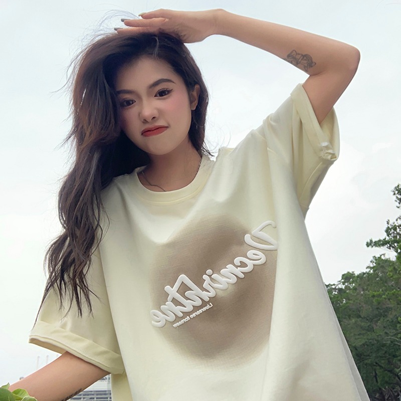 Summer cotton 2022 new fashion versatile Korean Short Sleeve T-Shirt women's foam printing top