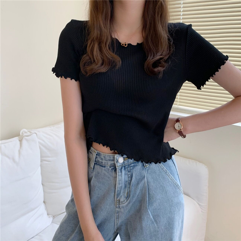 Real price net mahogany ear solid color short sleeve knitted T-shirt for women Korean foreign style slim fit versatile short top