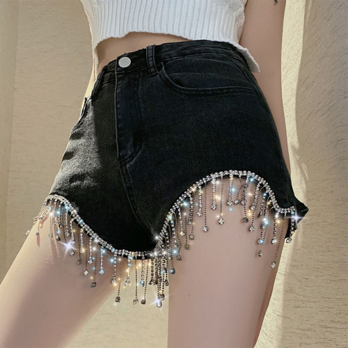 Real shot denim shorts women's new summer net red high waist show thin and bright diamond heavy industry fringe sexy tights trend
