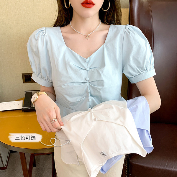 2022 summer new square neck bubble Chiffon Short Sleeve Ruffle small shirt French shirt women's loose short top