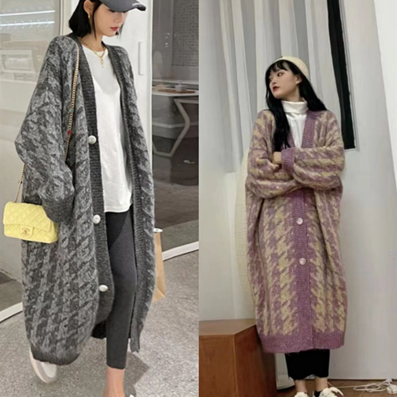 Korean style lazy wind soft waxy long sweater coat knee length design sense of minority knitted cardigan women's autumn and winter