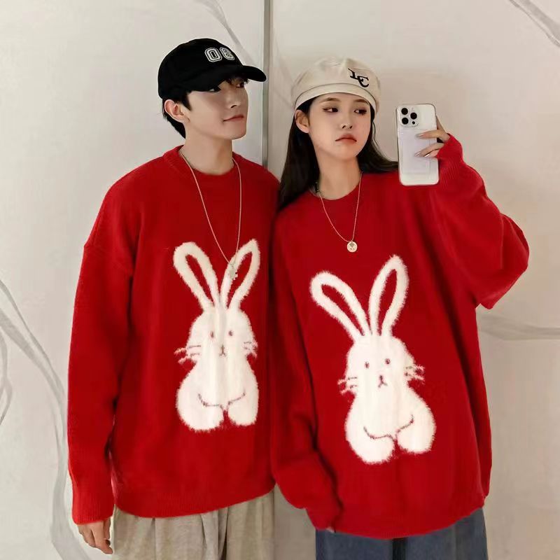 Couples wear autumn and winter new round neck pullover sweater red New Year rabbit loose lazy wind knitted sweater top tide