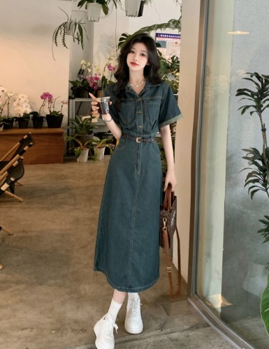 Actual shot and real price~ Summer new retro Hong Kong style niche design long skirt bestie outfit denim dress for women