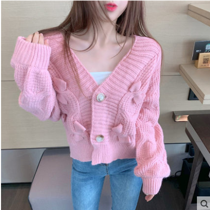 Bow cardigan sweater spring 2021 new white loose outer wear knitted versatile short coat women's fashion