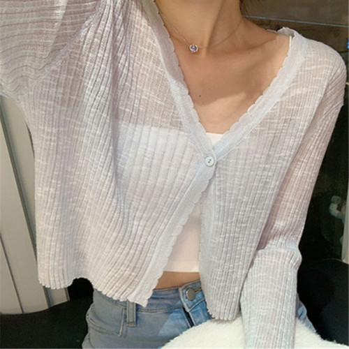 Summer thin collar knitted cardigan women's short air-conditioned sweater shawl with skirt ice silk sunscreen jacket