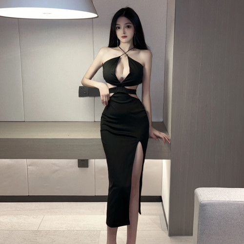 Real shooting sexy suspender hollowed out backless solid black dress slim dress dress women
