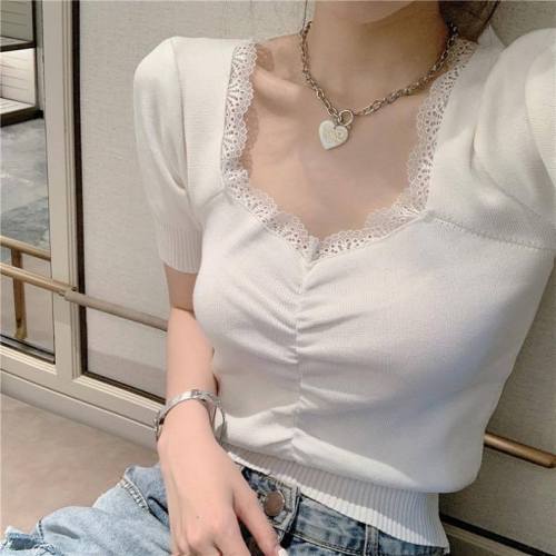 2020 summer new Korean version versatile slim lace splicing bubble sleeve student Knitted Top Bottom