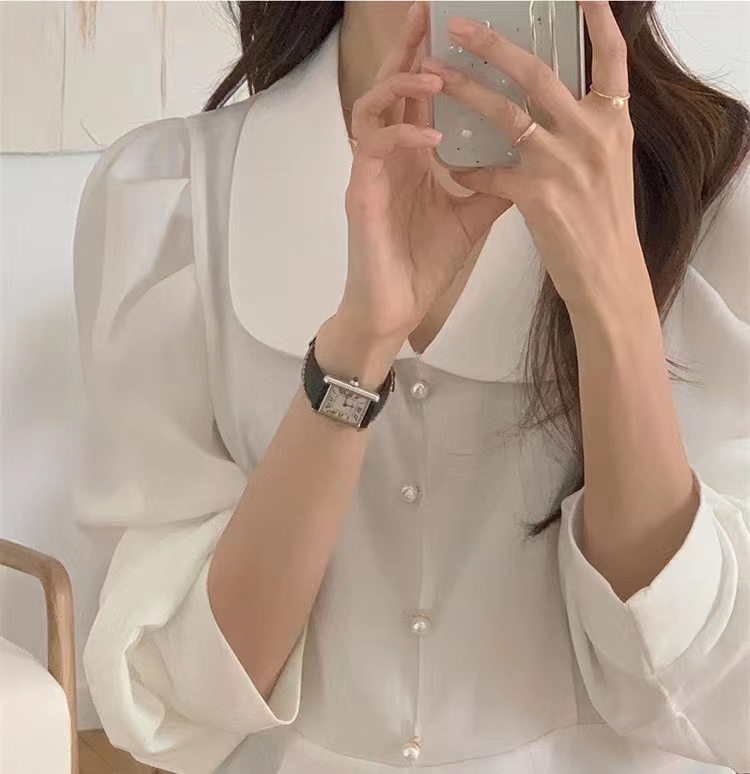 2023 spring new Korean Dongdaemun French doll collar ruffled pearl button short shirt top