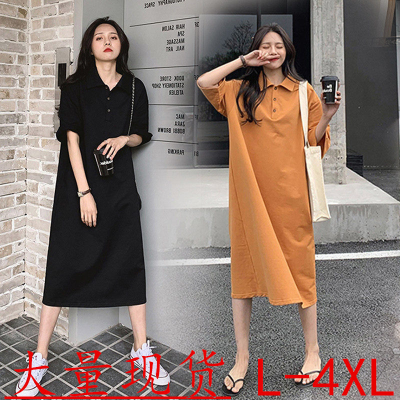 Large size dress women's short sleeve spring and summer dress medium length Korean loose and slim casual versatile student T-shirt skirt