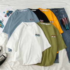 Avocado green T-shirt short sleeve loose eyes embroidery Hong Kong Style