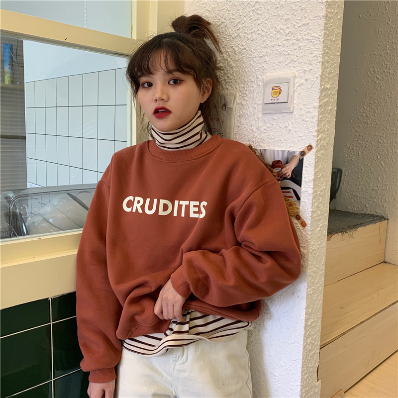 Real shot real price ~ Korean letter printing Plush casual long sleeve round neck Pullover Sweater