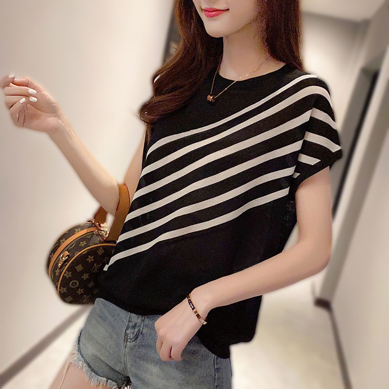 Striped short sleeve T-shirt women's loose Hong Kong Style aircraft sleeve top