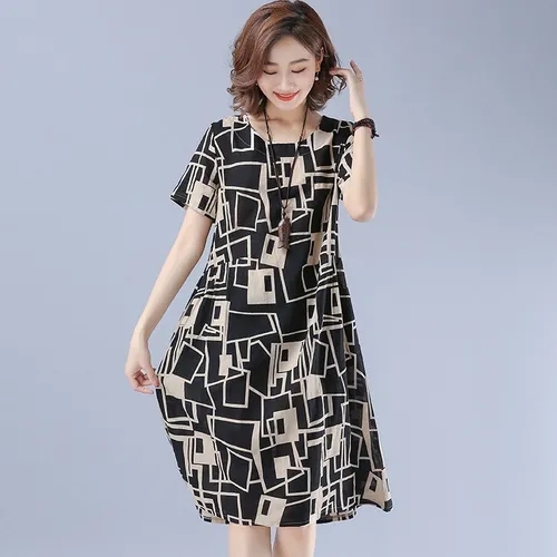2021 imitation ice silk summer new loose and thin middle-aged mother's print RETRO art medium long dress
