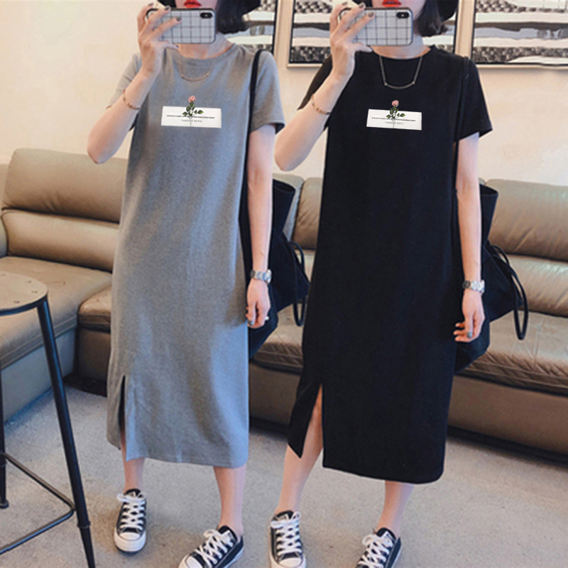 Summer short sleeve dress casual cover belly large women's loose medium length over knee T-shirt skirt