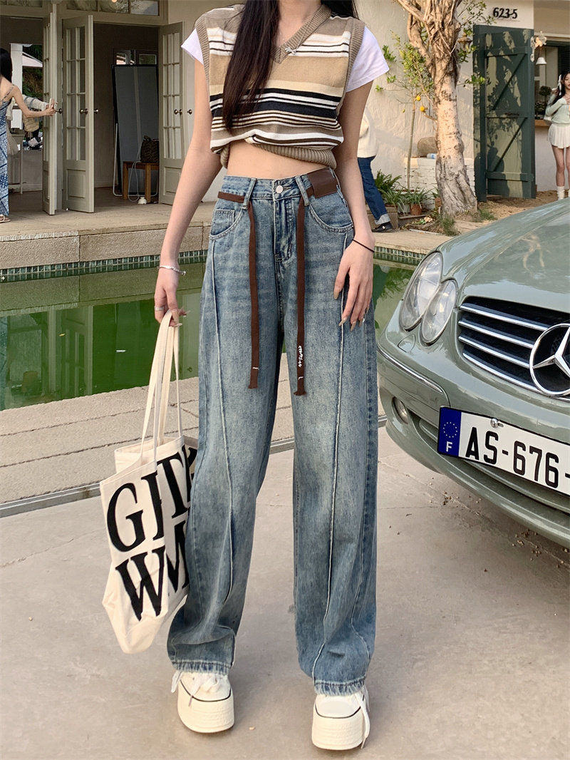 Real shot design sense washed jeans women's summer 2023 new retro high waist slim wide leg straight trousers