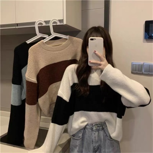 Sweater women's summer with Hong Kong-style retro loose and lazy striped knitted sweater long-sleeved short top