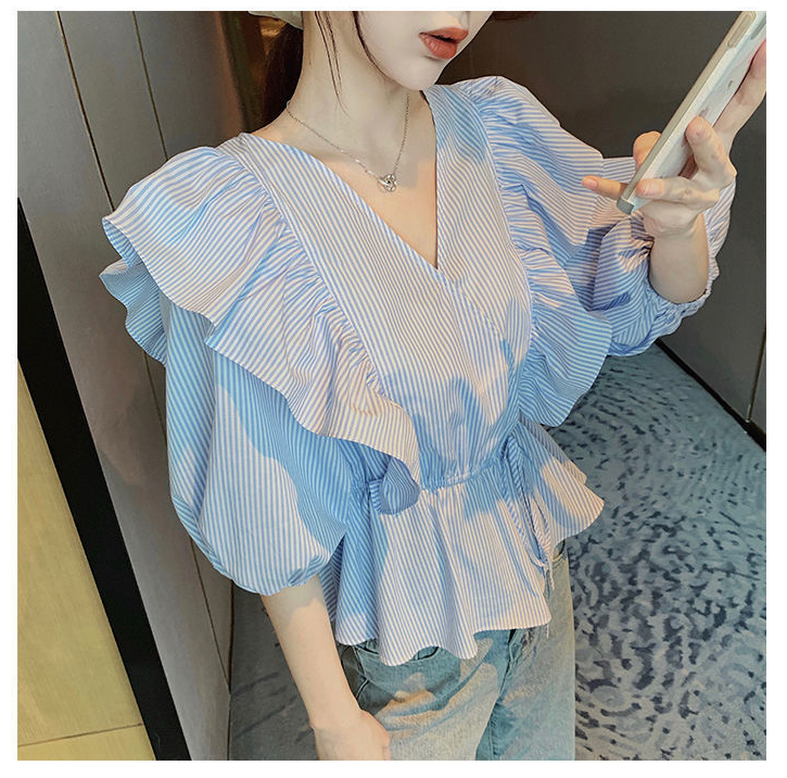 French Ruffle Top Women's spring and summer short style sweet little shirt V-neck waist closing thin bubble sleeve shirt